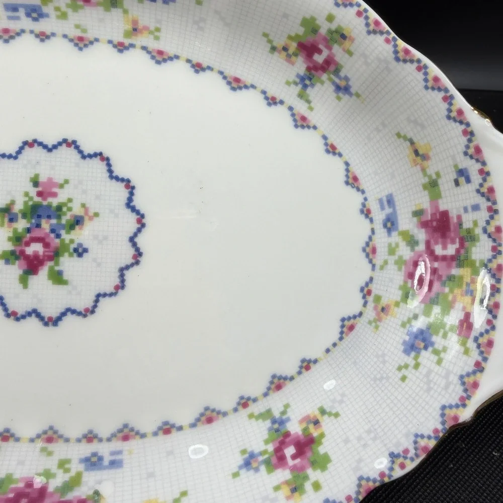 Royal Albert Petit Point China Oval Serving Platter Floral Gold Trim England 10